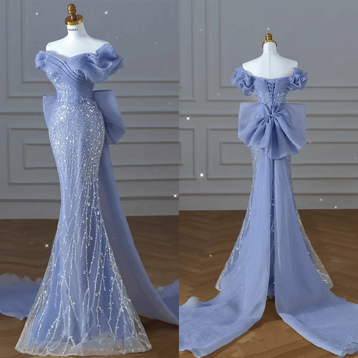 High Quality Lavender Purple Sequins Mermaid Evening Party Dress Off-shoulder V-neck Prom Gala Gown for Women 2023