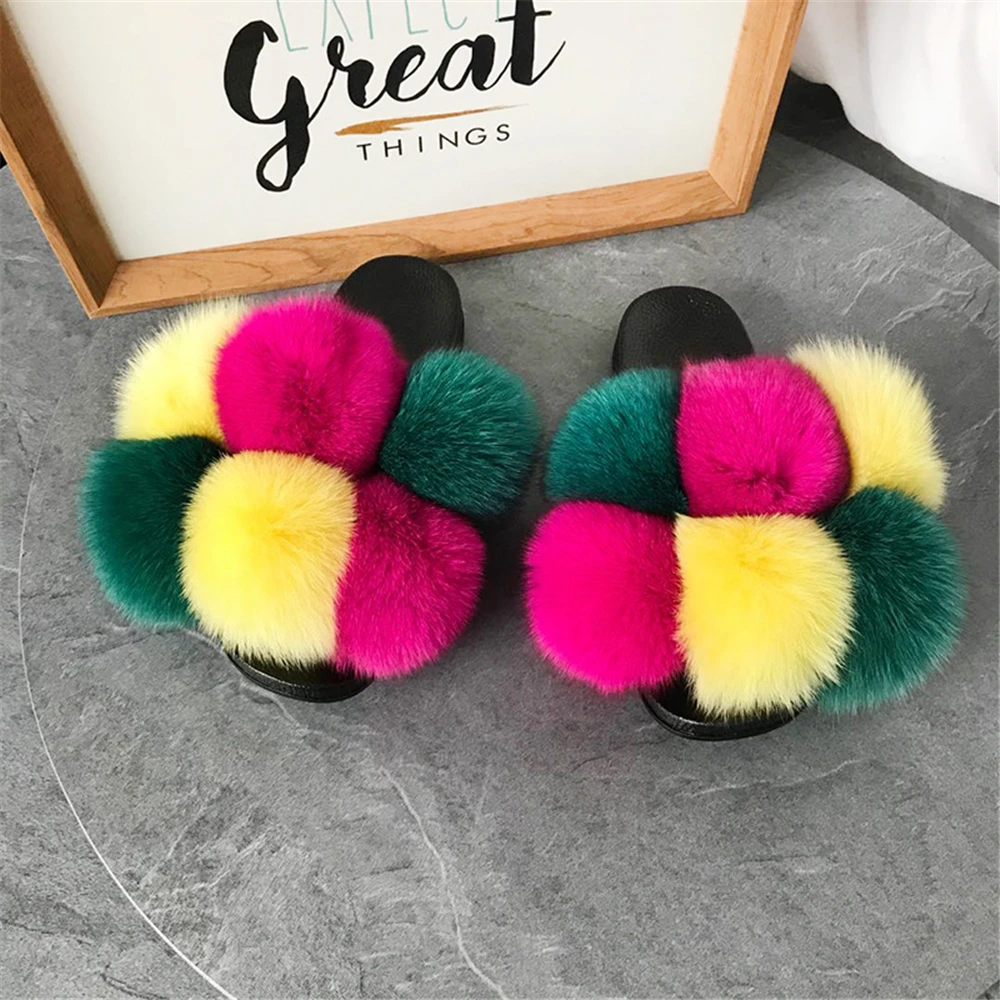 
Wholesale Girl Luxury Fluffy Fur Slippers Ladies Furry Fur Women Amazing Plush Fur Slides 