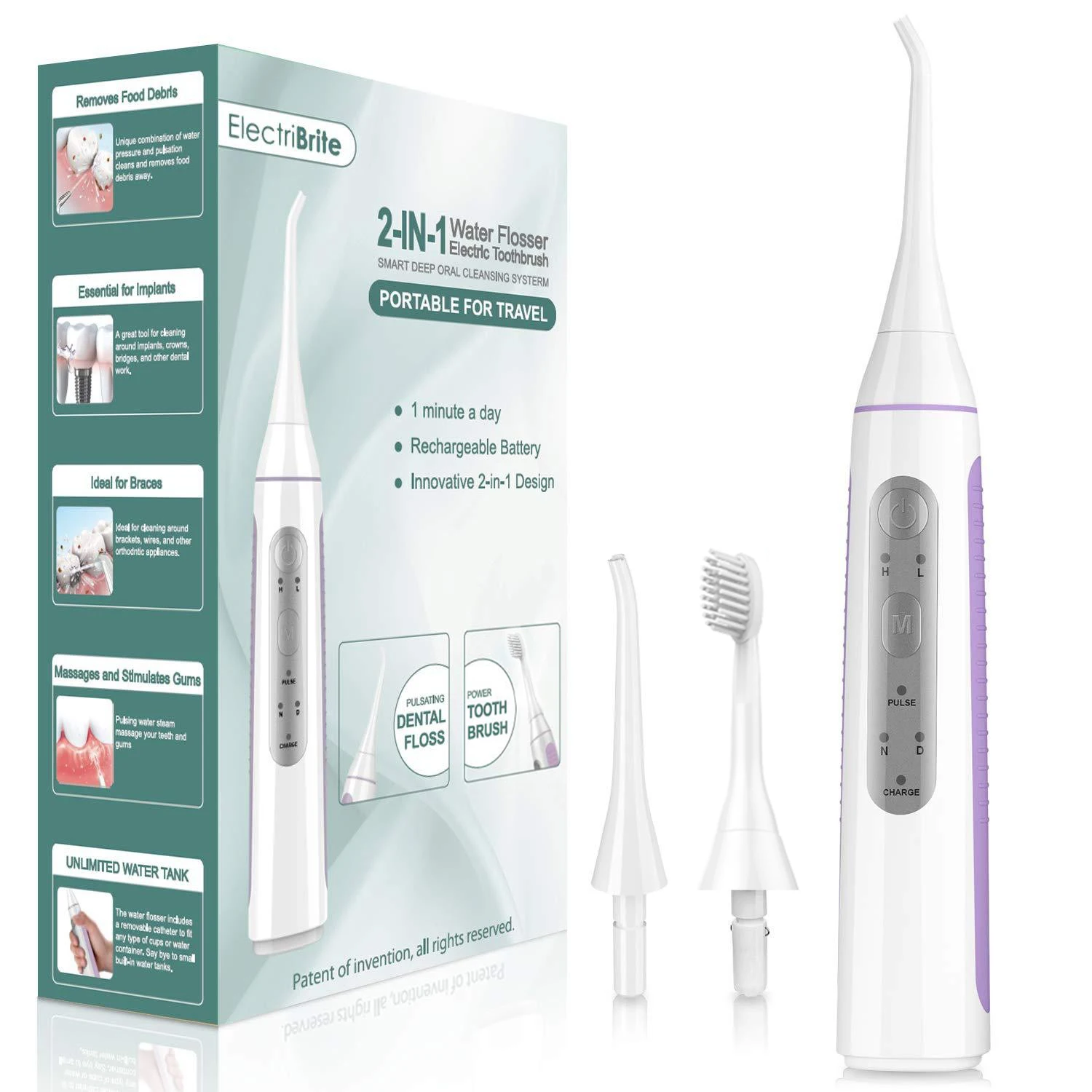 Travel Ipx7 Dental Portable Toothbrush Cordless Oral Irrigat or Water Flosser 2 in 1 Teeth Cleaner for Tooth