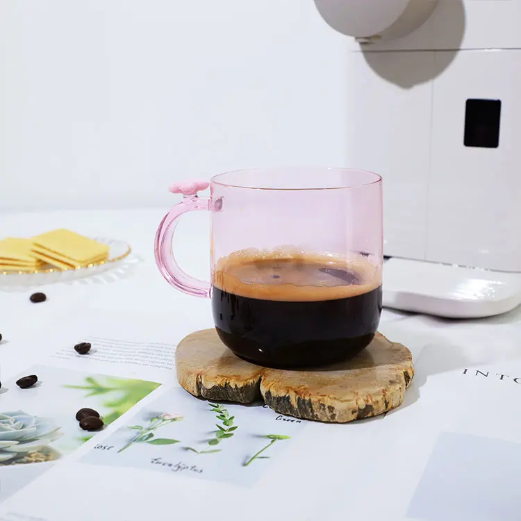 Heat Resistant Glass Mug 350Ml 12Oz Clear Cherry Blossom Cup With Big Ringed Handle Milk Coffee Breakfast Glass Cup