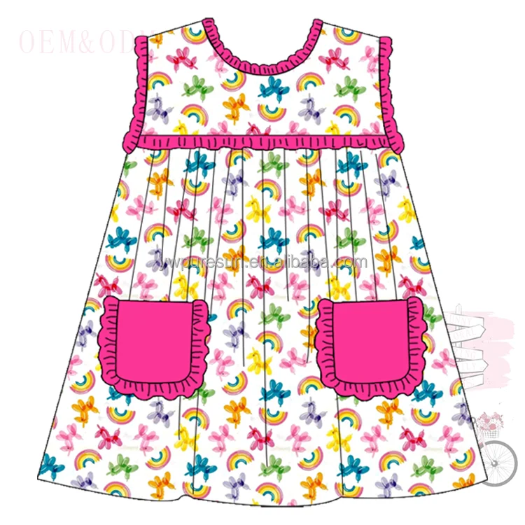 Puresun balloon smock French Knot high waist skirt big pocket hollow back bow design sleeveless kids clothing baby girls dresses