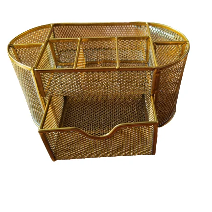 Mesh Desk Organizer Pencil Holder 9 Compartments with Drawer,Gold