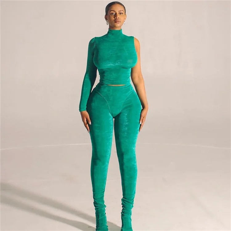 Winter Clothes For Women Tracksuits Slim Fit Outfit Solid Turtleneck Crop Top High Waist Pant Bodycon Casual Two Piece Set