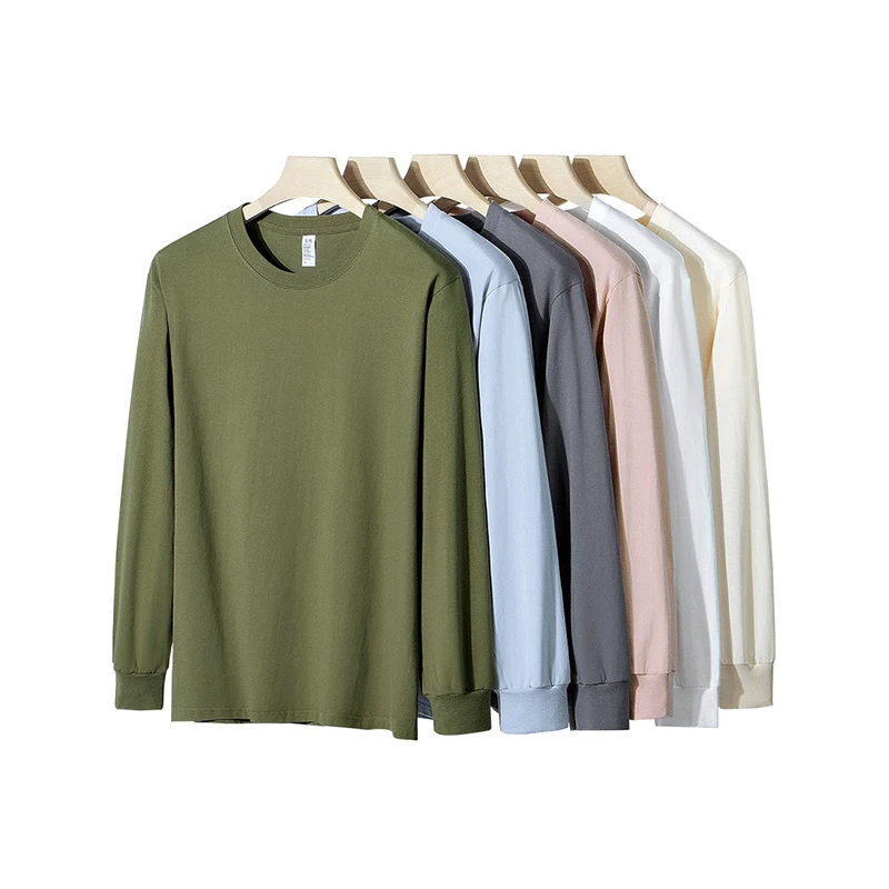 230g cotton solid color off shoulder round neck long sleeve T-shirt men comfortable loose print base shirt printing