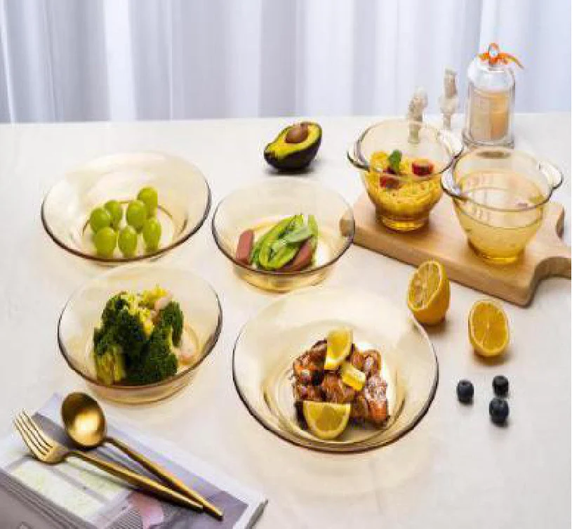 Glass Microwave Oven Safe Amber Bowl and Plate Set Sustainable Stainless Steel Lid Glass Bowel Minimalist Party Juego De 1