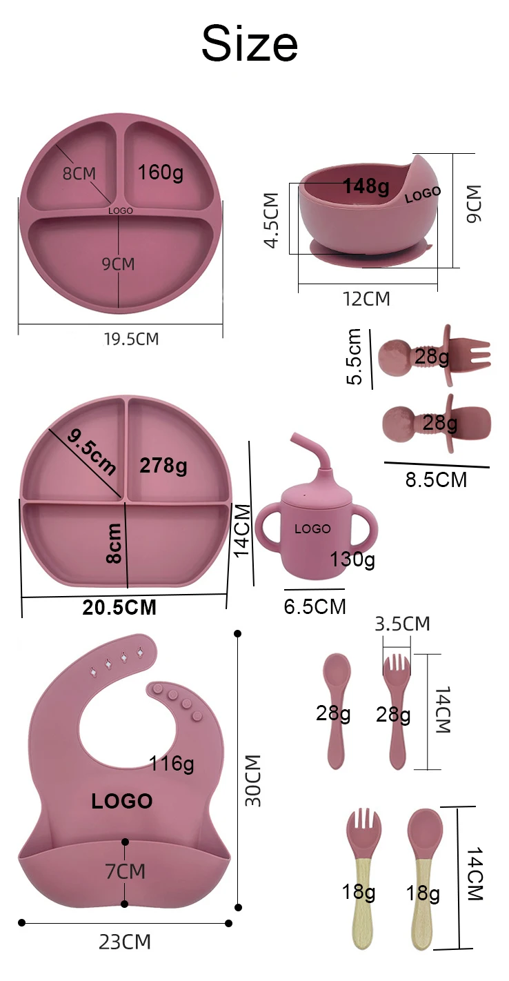 BPA Free Silicone Toddler Kids Tableware Suction Plate Bowl Bib Fork Spoon Cup Baby Feeding Tableware Dinner Set