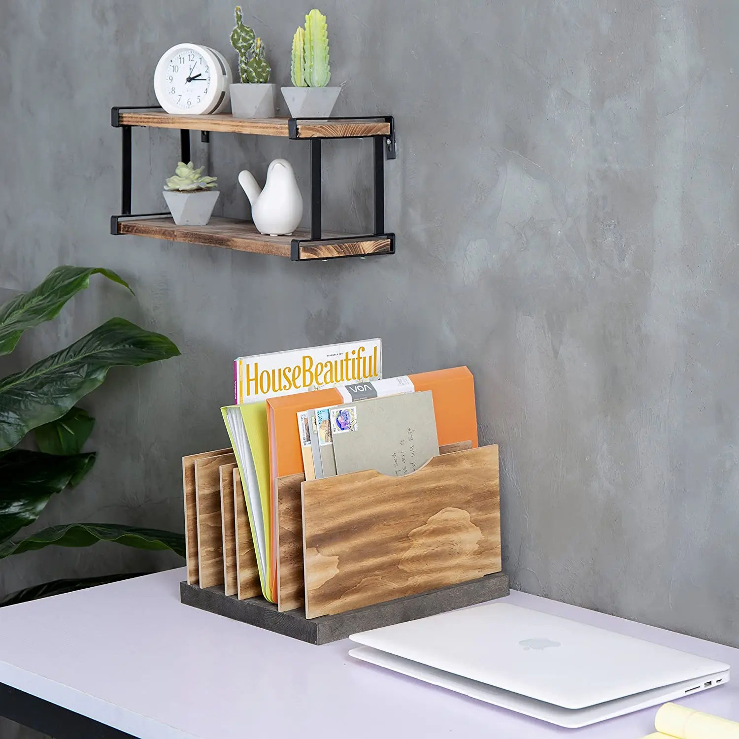 Bamboo Office Desk File Mail Organizer, 5 Slots Wood Desktop File Folder Sorter for Document Letter Envelop/ Mail/ Paper