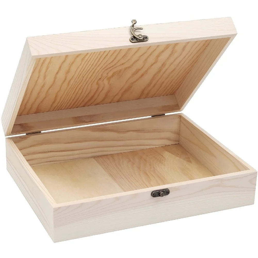 Unfinished Pine Wooden Jewelry Storage Box with Hinged Lid for Crafts DIY