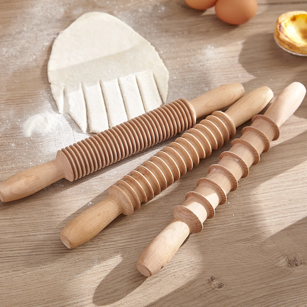 Custom Logo Beech Wooden Dough Dumpling Noodle Spaghetti Fettuccine Pasta Cutting Rolling Pin