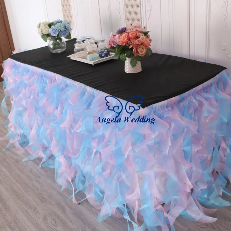 CL010R  manufacture wholesale price 6ft rectangle ruffled curly willow frilly fancy hot pink table cloths with top for wedding