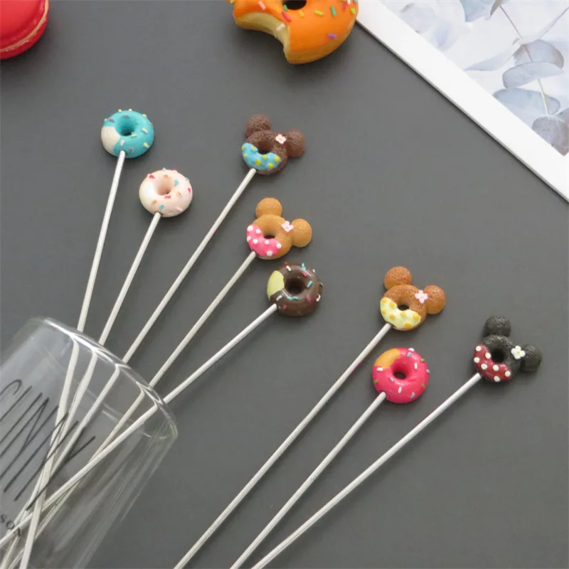 Donut Cocktail Stirrers Reusable Stainless Steel Metal Mixing Stick  tea coffee wine milk Cartoon Long Handle Stick