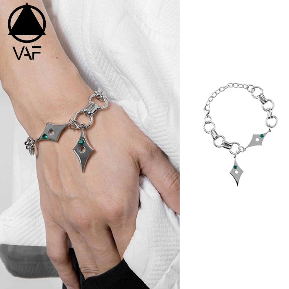 VAF 16+5cm Rhombus Shaped Green Zirconia Chunky Link Bracelet Stainless Steel High Quality Trend
