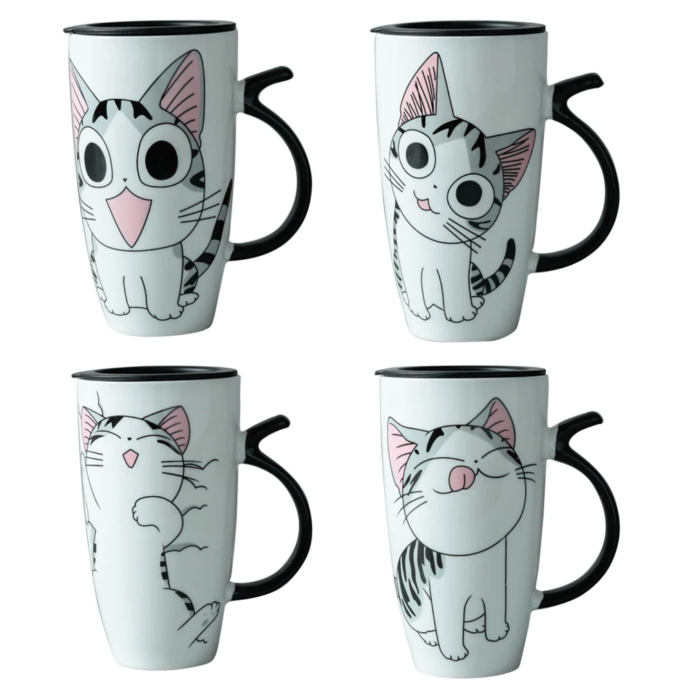 Cute Cat Style Ceramic Mugs with Lid & Spoon Cartoon Creative Mug Milk Coffee Tea Unique Porcelain Cups