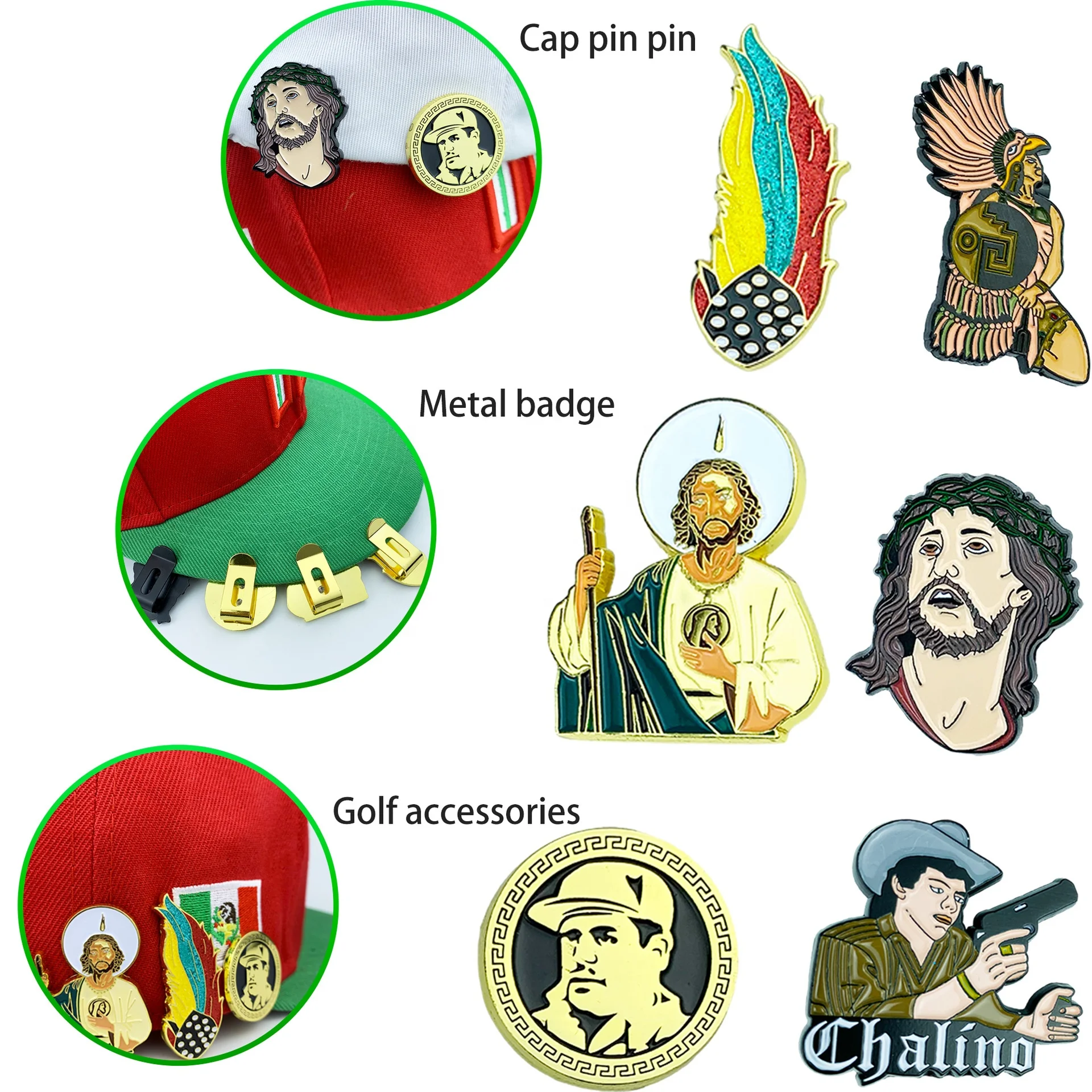 Mexican style brim clips for hats  Western Cowboy Mary virgin san judas gold plated soft hard custom enamel pin brim clip