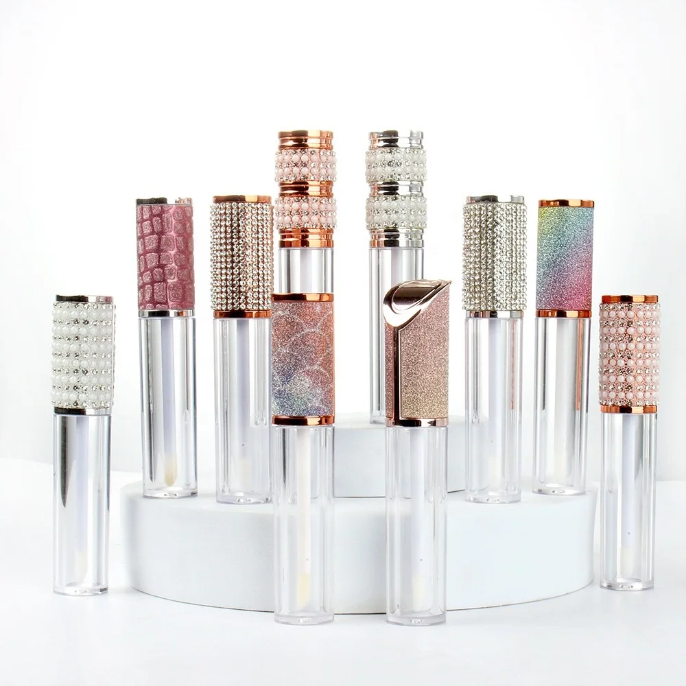 Empty 2024 luxury bling diamond lipgloss cosmetic packaging pearl glitter top lip gloss tubes with rhinestone 5ml