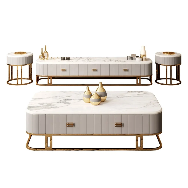 Factory provided coffee table modern living room furniture marble top table and TV stand set golden color home furniture