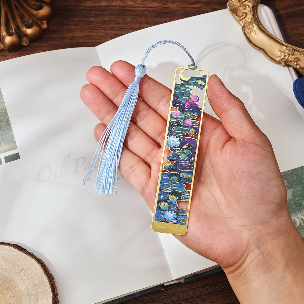 IMODA Stationery 1pc Water Lily Bookmark Hollow Painting Metal Book Mark With Tassel Gifts For Book Lovers Readers Writers