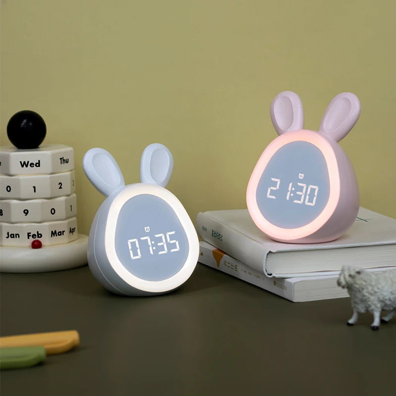 Lovely Round Rabbit Alarm Clock With Light Children Student Cartoon Electronic Digital Clock LED