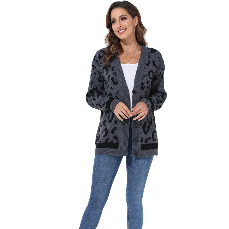 New Leopard Print Long Sleeve Short Cardigan Women Sweater 2021 Autumn and Winter Computer Knitted V-neck Causal Knit Wear 10pcs