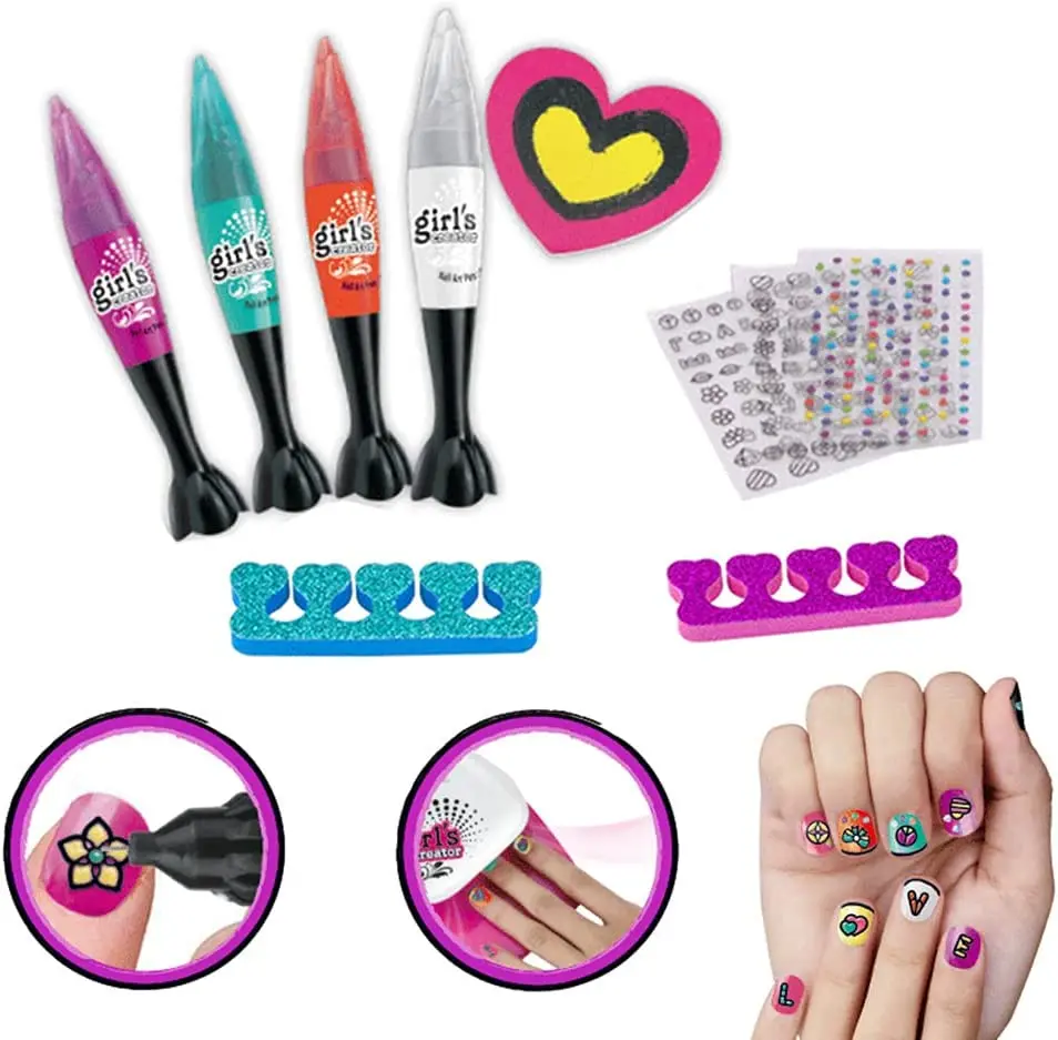 Non Toxic Kids Nail Polish Sticker Art Pens Makeup Toy Set for Girls 8 to 12 Age Children Cosmetic Kit