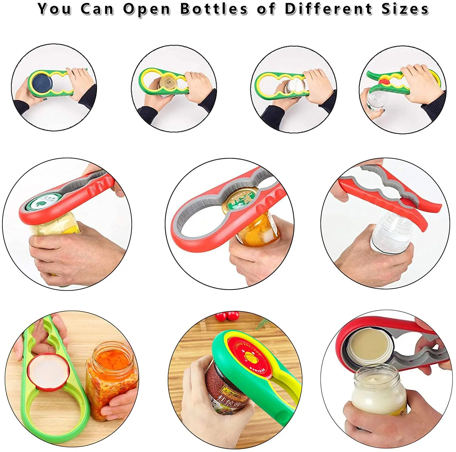 Adjustable colorful Non-Slip Multi-function 4 In 1 Manual Plastic Lid remover Jar Can Bottle Opener