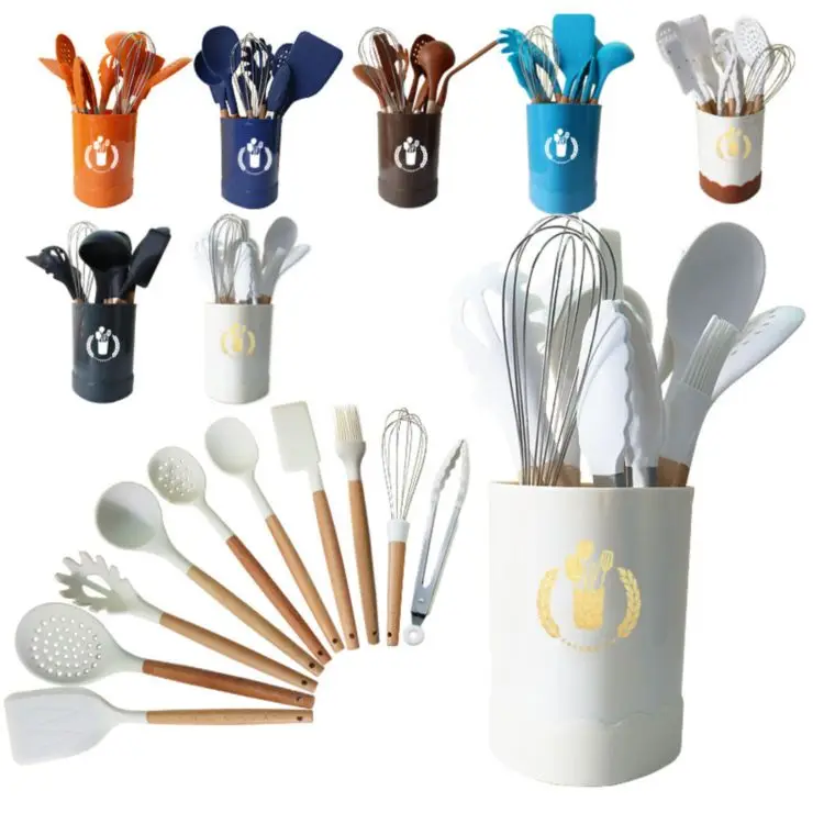 Wholesale Silicone Cookware Kitchen Tools Set with Stainless Steel Spatula Spoon and Wood Handle Utensils Includes Grater Stand