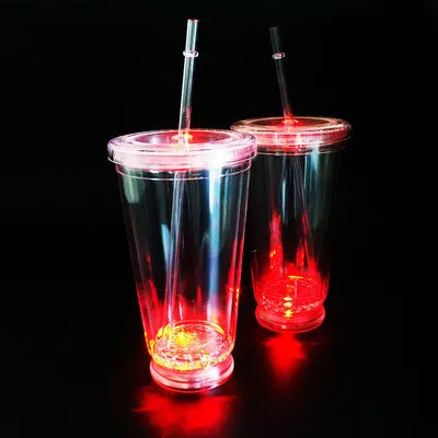 Wholesale 16oz LED light up Reusable Plastic Cup Double Wall Tumbler Cup With Lid And Straw