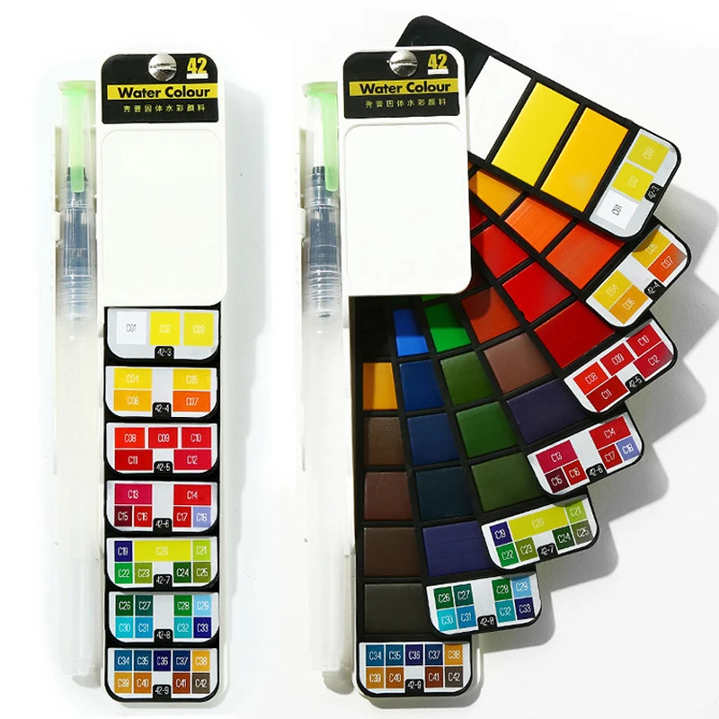 Artists Watercolor Cake 18/25/33/42 colors Pocket Travel Fan Shape Solid Water Color Paint Set With Water Brush Pen