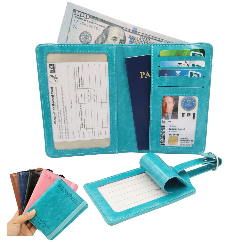 Wholesale multi-function pu leather RFID blocking travel passport holder wallet with Vaccine card protector case and luggage tag