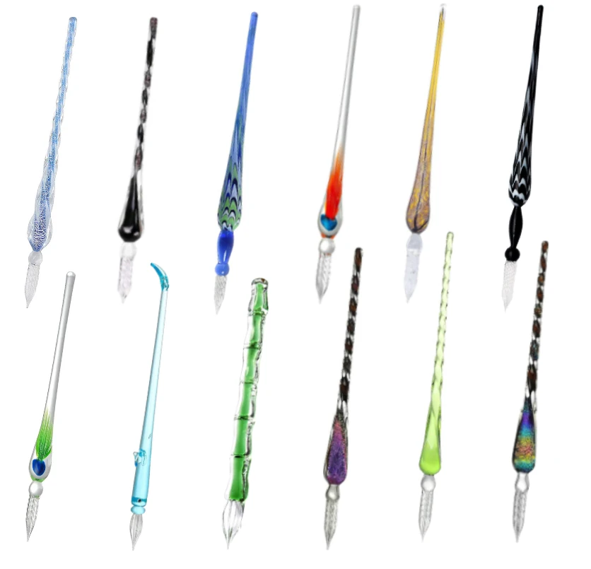 Wholesale Ribbon Glass Dip Pen Glass Handmade Peacock Tail Spiral Nib Tip Dip Pen with Penholder for Office Tableware Decor