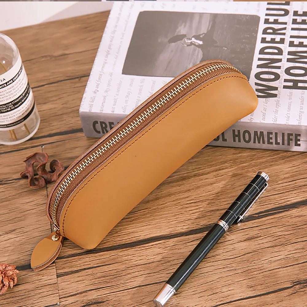 Wholesale Custom Logo Luxury Italian Tan Real Leather School Pencil Pen Storage Case Holder