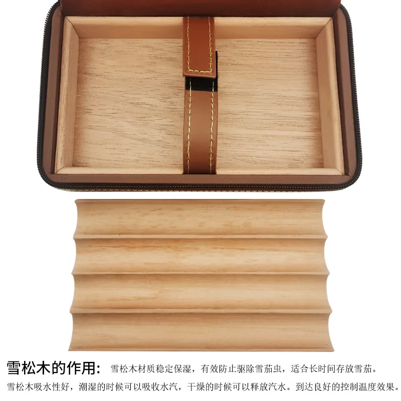 Leather Cigar Humidor Box Travel Portable Cedar Wood Cigar Case 4 Holder Cigar Box W/ Humidifier Hygrometer