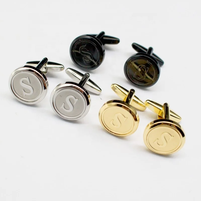 Mens Classic Initial Cufflinks 26 Alphabet A-Z Letter Business Wedding Stainless Steel Engraved Cufflinks for Gift and Party