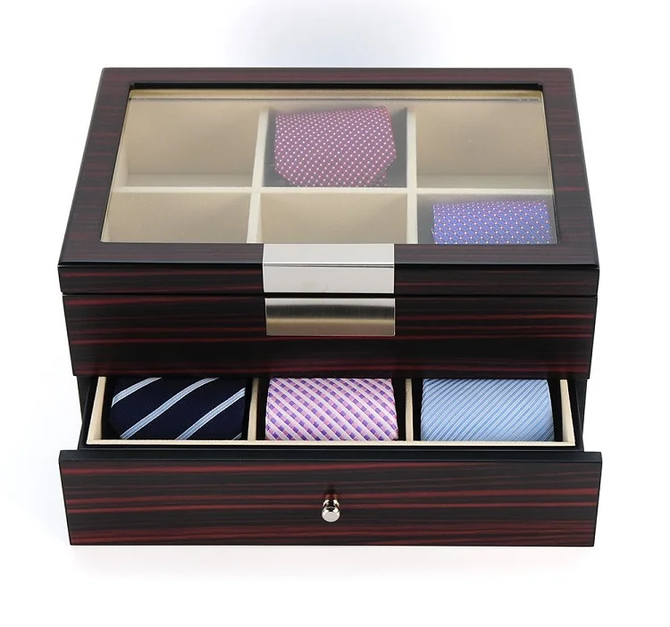 Hot Selling 2 Layer Storage case Tie Display Case Wooden Necktie Box with Drawer