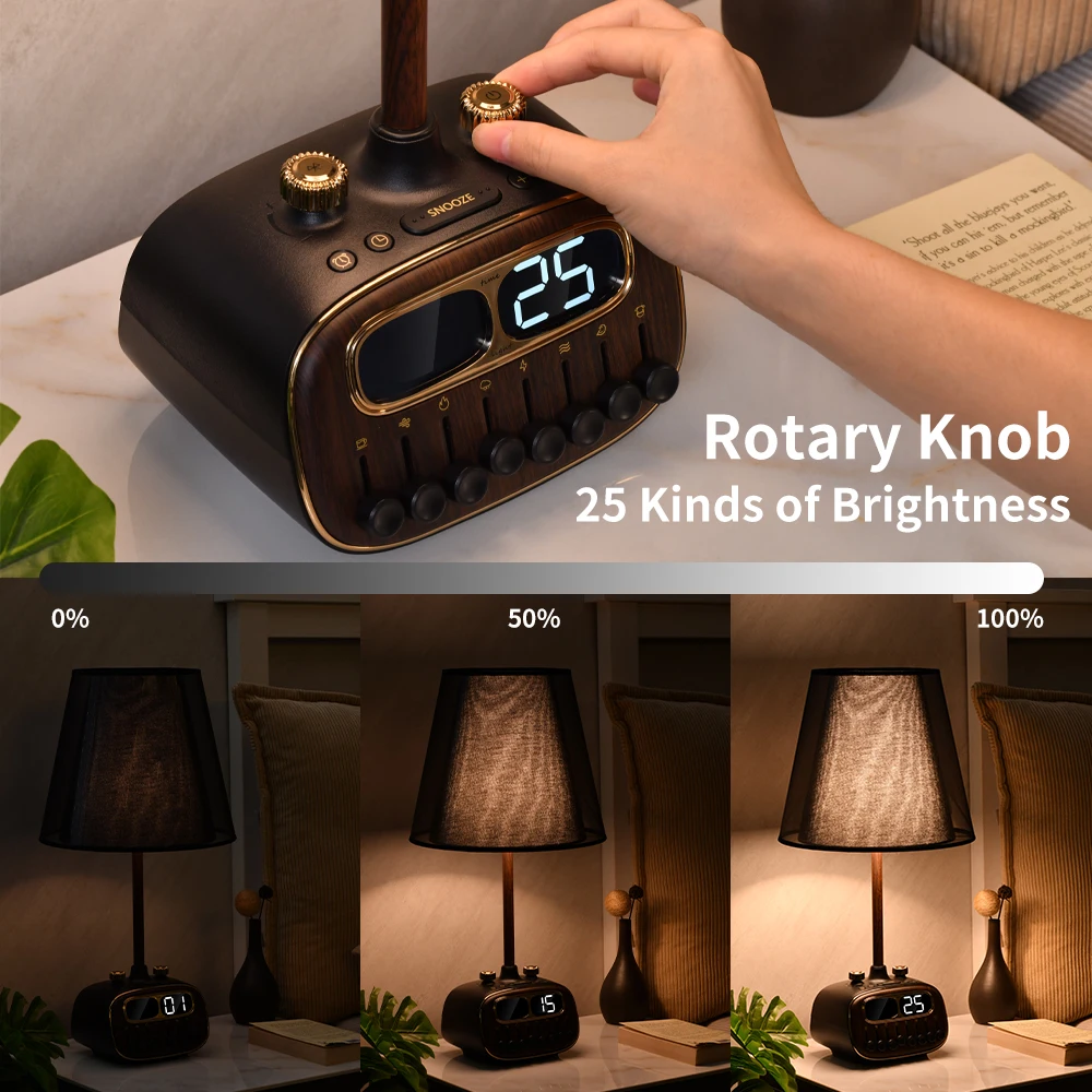 Multifunction dual alarm clock timing bedside lamp hotel retro white noise bluetooth linen fabric lamp shade USB led desk lamp