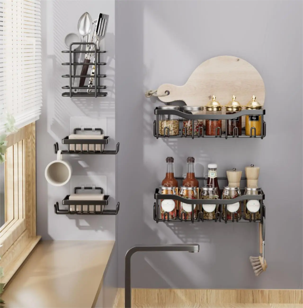 Self Adhesive Black Bathroom Shelves, Home Farmhouse Wall Shower Inside Organization and Storage Essentials