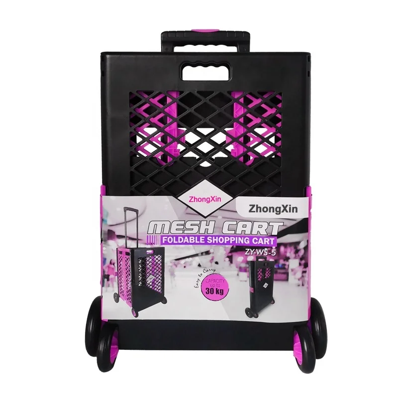 pink plastic collapsible trolley stackable vegetable basket for retail stores groceries 4 wheels