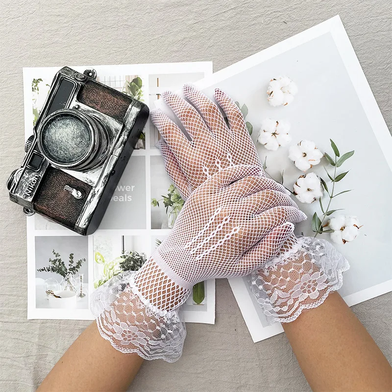 Women Black White Summer Driving Fashion Lace Gloves Full Finger Girls Bridal Mesh Fishnet Gloves