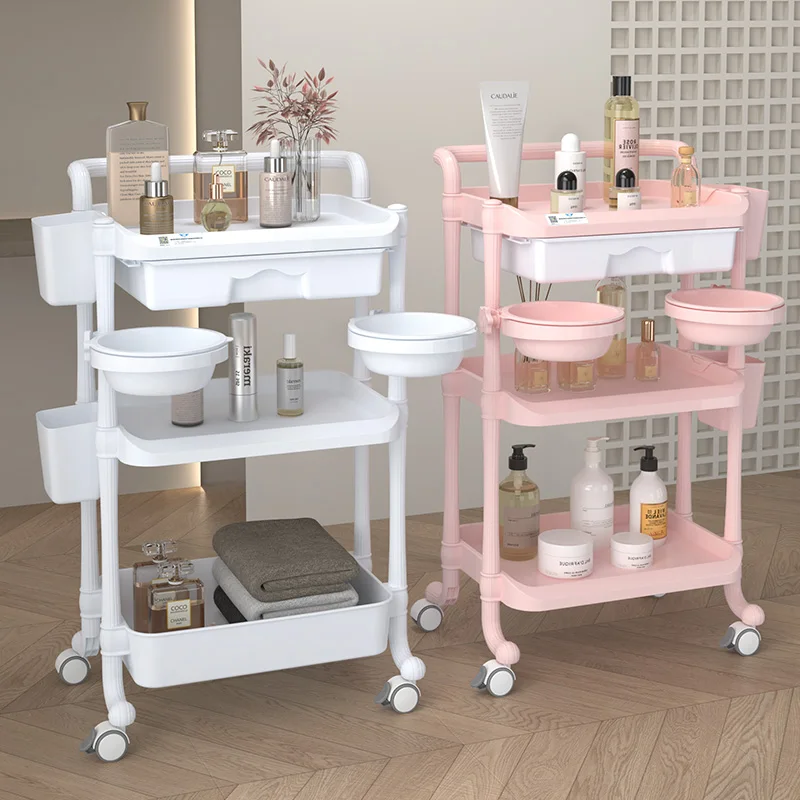 China Factory Prices  beauty Luxury Beauty SPA Furniture Two/Three tier Plastic Pink Beauty Cart With Mute Castor