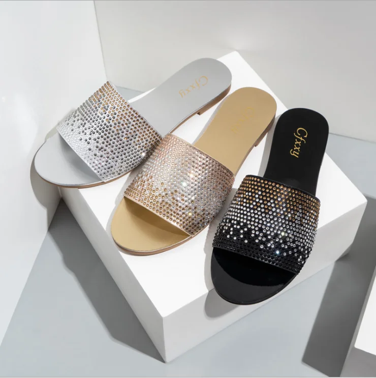 Fashion Bling Diamond Slippers Solid Color Casual Flat Sandals