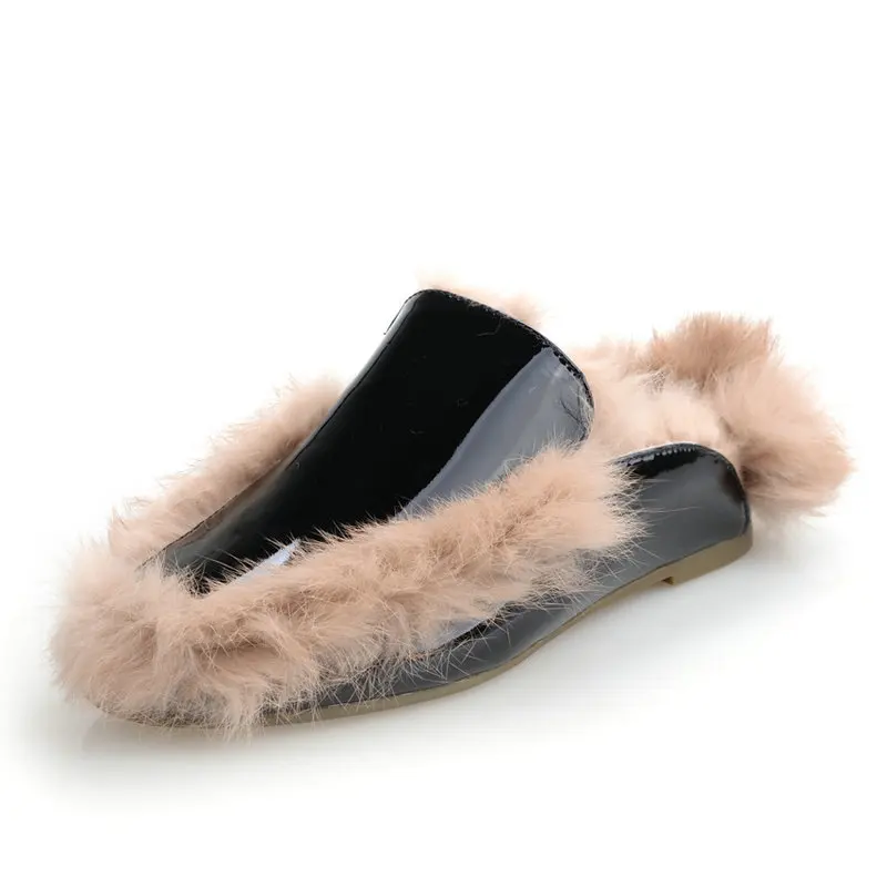 
Faux Fur Patent Leather Casual Shoes Flats sandals Slippers mules for women 