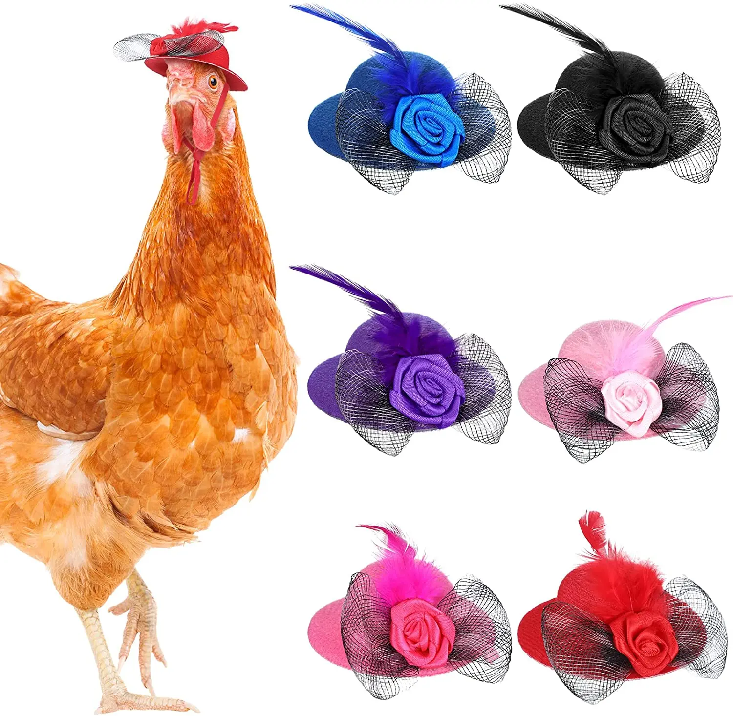 6 Pieces Funny Accessories Feather Rooster Duck Parrot Poultry Stylish Costume Chicken Hats for Hens with Adjustable Strap
