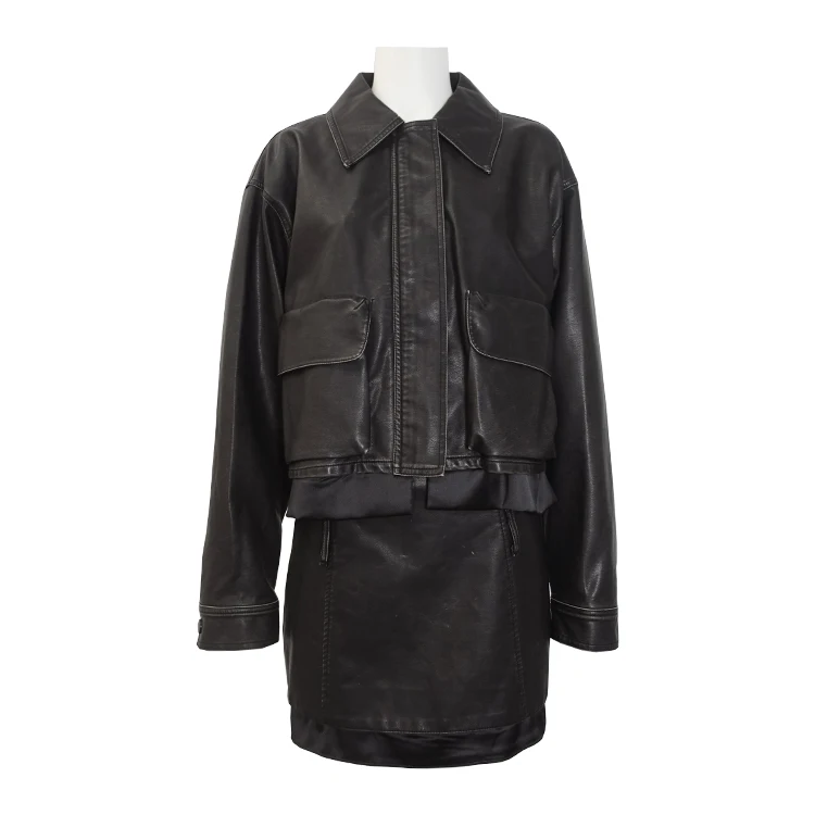 2023 SMO fashion suits women black pu leather jacket pockets women suit two pieces jacket and skirt
