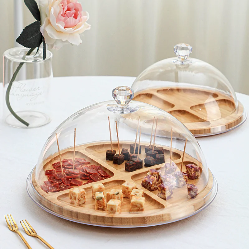 Eco-friend Round Bamboo Serving Restaurant 4 Compartment Breakfast Tray Snack Serving Plate with Lid dome cover