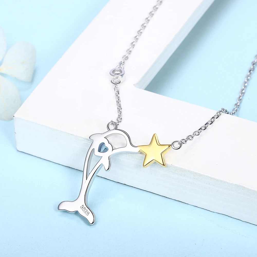 925 Sterling silver blue zircon pave cute animal dolphin star pendant necklace for women gift