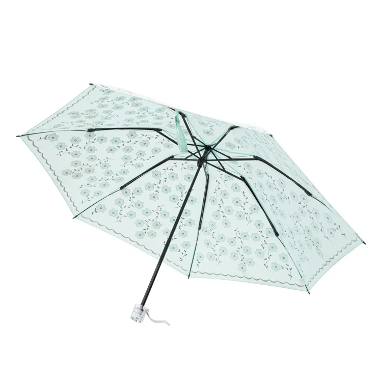 Mini 19 inch 7 Ribs Custom with Logo Printing Little Size Light Green Umbrella with Flower Prints 3 Folding Sun Umbrella