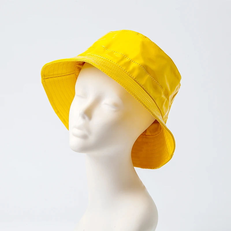 High Quality Plain Colour Women Hat PU Fabric Waterproof Rain Bucket Hot Sale Faux Leather Thickened Panama