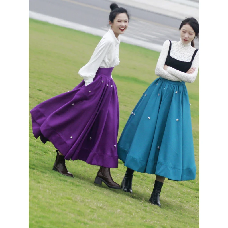 mid-length high waist pocket satin classic umbrella skirt slimming hand-stitched retro style Skirts