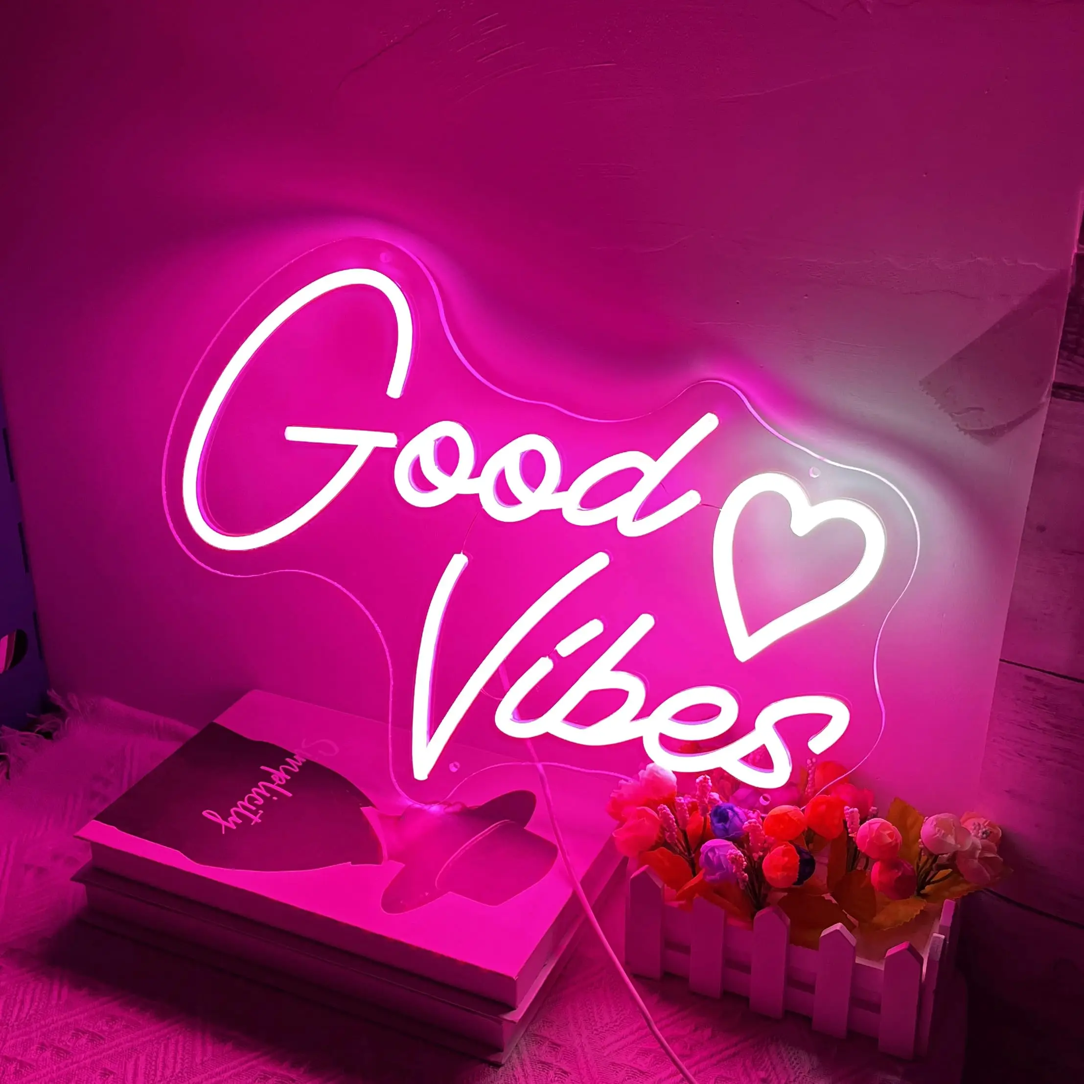 Good Vibes Neon Sign for Wall Decor for Bedroom Wall USB Operated Pink Goodvibes LED Neon Lights Sign for Room Wall Decor