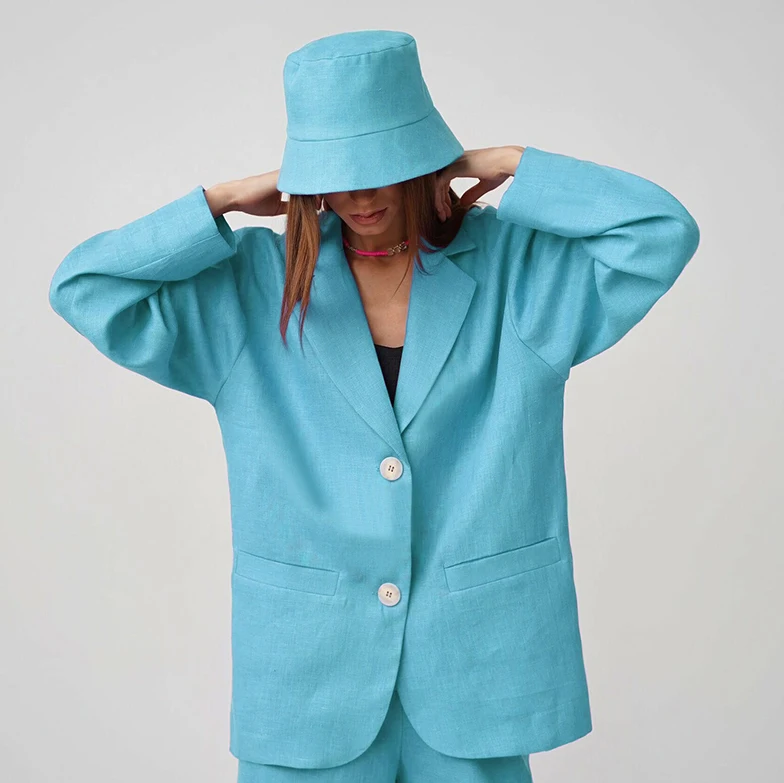 OOTN 2023 Autumn New Thin Cotton And Linen Jackets+wide Leg Pants 2 Piece Set  Women Elegant  Single Breasted Blazer Suit